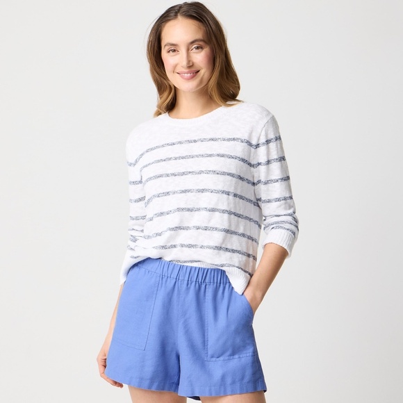 New JCREW Size M Striped Crewneck Beach Sweater White Ant Navy $89 CJ207 - Picture 2 of 5